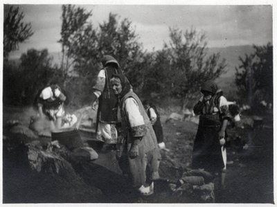 Balkan Peninsula: Women in front of a pot on a fire - Postcard 1914-1918 by William M. Timlin