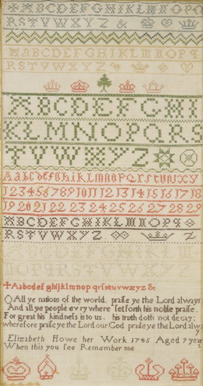 Band Sampler with Alphabet, Numbers and a Verse, Worked by Elizabeth Howe by Unbekannt