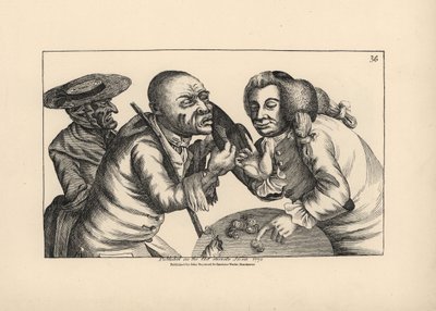 Bankrupt Toby and wife Doxy begging for cheese and ale in a tavern. Copperplate engraving by Thomas Sanders after a satirical illustration by Timothy Bobbin (John Collier) from Human Passions Delineated, John Haywood, Manchester by Unbekannter Künstler
