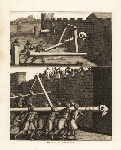 Battering ram and two types of borers to pierce walls at top, and two rams below, one supported by a triangle and the other borne on soldiers