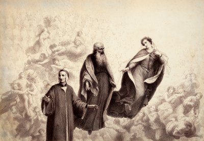 Beatrice moves away from Dante, and at his side appears St. Bernard. Illustration of Canto XXXI in Paradiso of The Divine Comedy by Dante Alighieri. Work of Francesco Scaramuzza dedicated to the Municipality of Florence by Unbekannter Künstler