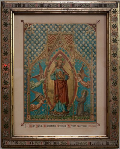 Bevere. Parish church (Sint-Pietersbanden). Interior. Devotion coloured print. S Lucas school Gent, Eigendom 1875, W Z Dreyt Brugge. Neo-Gothic. by Unbekannt