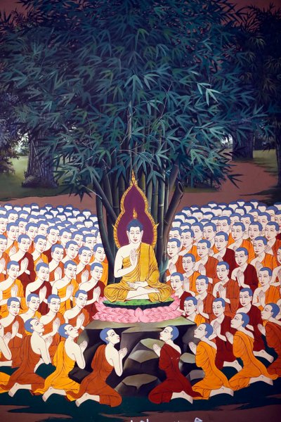 Buddha teaching to disciples, Wall fresco, Wat Botum temple, Phnom Penh, 2022 by Unbekannter Künstler