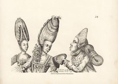 Caricature of fashions of the late 18th century: women in tall wigs with garden of flowers in her bosom, and macaroni in a tall wig with extravagant mass of hair tied at the back. Copperplate engraving after a satirical illustration by Timothy Bobbin (John by Unbekannter Künstler
