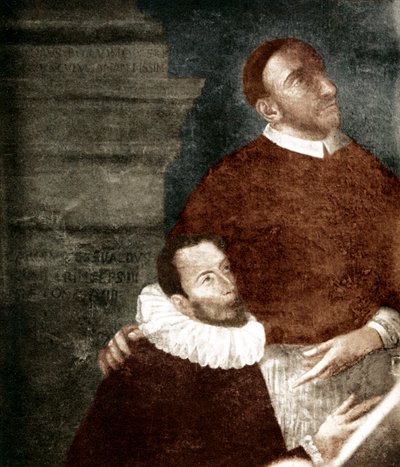 Carlo Gesualdo, Prince of Venosa. 1560-1613. In painting with his uncle Carlo Borromeo. Gesualdo is kneeling figure. Painting hangs in Gesualdo, Santa Maria delle Grazie church (Convento dei Frati Cappuccini). Thought to be an altarpiece from 1609 by Giova by Unbekannter Künstler