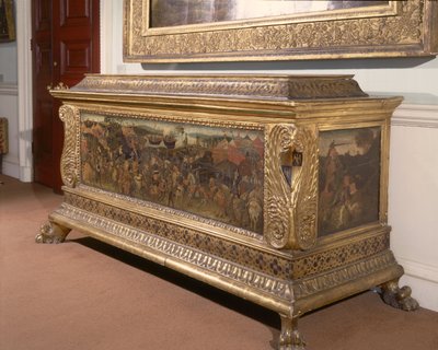 Cassone, with painted panels depicting the Battle of Pharsalia from the History of Pompey and Caesar, Florentine School by Unbekannt