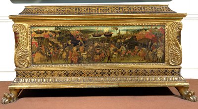 Cassone, with painted side panel depicting the Battle of Pharsalia from the 