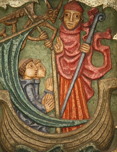 Cathedral Saint-Samson de Dol de Bretagne: Sculpture of the Main Altar (Claude Gruer 1980): Saint Samson, First Bishop of Dol, Sailing with His Companions to Armorica by Unbekannt