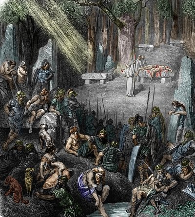 Human Sacrifice During a Ceremony Chaired by a Druid in Presence of Families and Warriors in a Forest (engraving) by Leopold Blonder