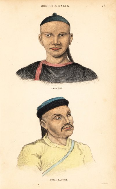 Chinese man and Tatar man of the Nogai Horde. Handcoloured steel engraving by Lizars after an illustration by Charles Hamilton Smith from his Natural History of the Human Species by Unbekannter Künstler