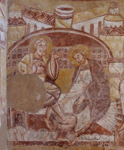 Church (Église Saint-Martin). Interior. Wall paintings. North wall of the choir. (detail) foot washing. 12th century. by Unbekannt