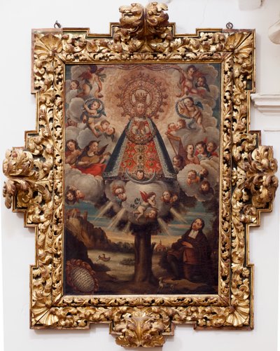 Collegiate Church. Interior. Painting. (Nuestra Señora de la Esperanza). Text in a medallion: “RETRA TOD LA MIL CROSA Imajen DNUESTRA S DL Esperanza A Parecida A Fernando de ZILLLa Faño iezi rodela Villa Riue mde el Tajo ter mi?to esta villa”. Signed ? and by Unbekannt