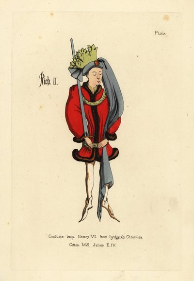 Costume of King Richard II, in short full tunic edged with fur, belted at the hips with a girdle, pointed shoes, roundlet headdress with long tail and crown of fabric cut in the form of leaves by Unbekannt