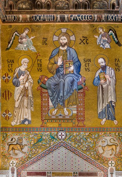 Counter-facade: mosaic Majesty of Christ enthroned between Saints Peter and Paul, XII century, The Palatine Chapel, The Royal Palace or Palazzo dei Normanni, Palermo, Sicily, Italy by Unbekannter Künstler
