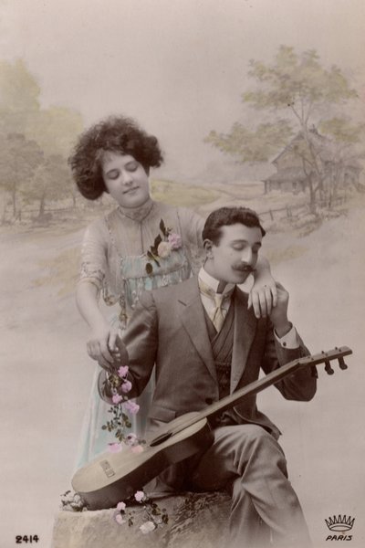 Couple with Flowers and Spanish Guitar, France, c.1910 by Unbekannter Künstler