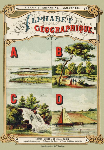 Cover: A: Archipelago, B: Bois de Boulogne, C: Cascade, D: Dyke - Engraving from Geographical Alphabet. Guerin-Muller et Cie, publishers, Paris by Unbekannt