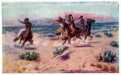 Cowboys on horseback roping a wolf by Unbekannter Künstler