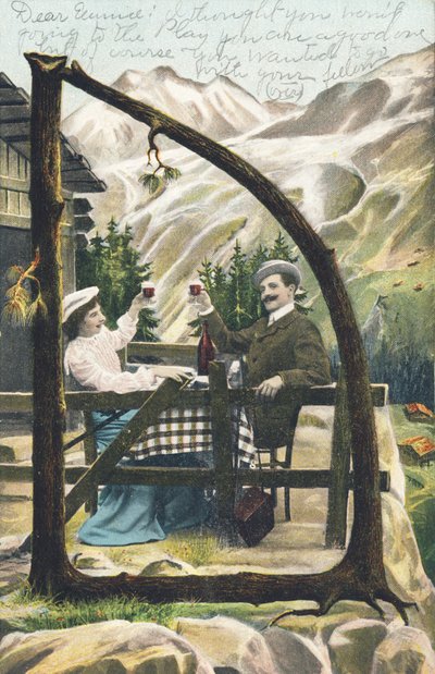 A man and a woman sitting at a table in front of a mountain chalet, toasting with a glass of wine - Alphabet characters Ref Th. E., L. Theochrom - Series 994. Theodor Eisman, publisher, Leipzig by Unbekannt