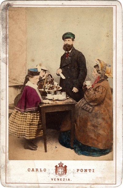 Daily Life, a Family Reunited Around a Table of Cakes and Coffee, Venice - 19th Century by Unbekannt
