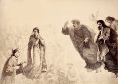 Dante and Beatrice in front of the bright spirits of the apostles Peter, James and John. Peter has his arm raised in a sign of wrath. Illustration of Canto XXVII in Paradiso of The Divine Comedy by Dante Alighieri. Work of Francesco Scaramuzza by Unbekannter Künstler