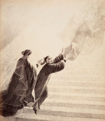 Dante, impelled by a simple sign from Beatrice, ascends the golden ladder after the blessed spirits. Illustration of Canto XVII in Paradiso of The Divine Comedy by Dante Alighieri. Work of Francesco Scaramuzza dedicated to the Municipality of Florence by Unbekannter Künstler