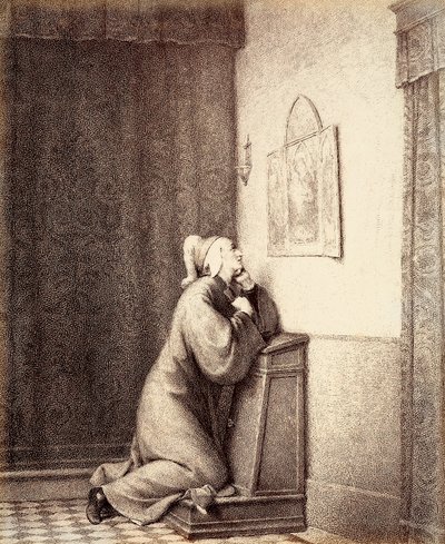 Dante kneeling in prayer, with his gaze directed at a triptych by Unbekannter Künstler