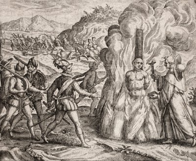Description of the crimes inflicted on the Indians by the Spanish colonists - Conquistadors burning at the stake an Indian who refused to convert to the Catholic faith. Religious of the Franciscan Order (engraving) by Unbekannt