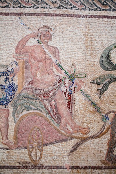 The Triumph of Dionysos - Return of the god from a military expedition to India - Dionysos seated on a chariot drawn by two panthers - Paphos mosaics, House of Dionysos, End of the 2nd Century AD - Cyprus - (detail) by William M. Timlin