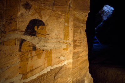 Detail of mural paintings found during excavations in Tomb of Governor, Valley of Golden Mummies, Bahariya Oasis, Giza, Egypt by Benjamin Baud