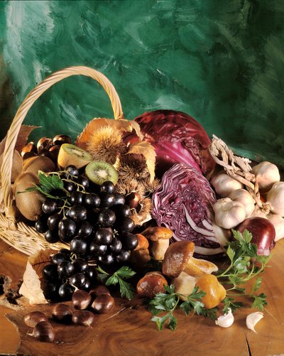 Diet: Still Life of Black Grapes, Garlic, Onion, Garlic Clove, Parsley, Mushroom, Chestnut, Kiwi, and Red Cabbage by William M. Timlin