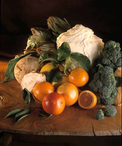 Diet: Still Life of Broccoli, Oranges, Celeriac, Artichokes, Lemons, and White Cabbage by William M. Timlin