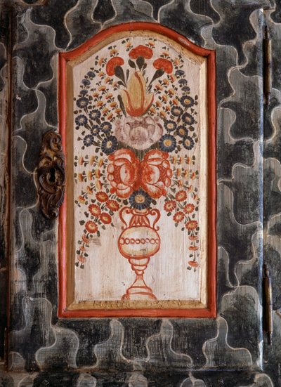 Door of handcrafted wooden cabinet with hand painted floral decoration, Detail by William M. Timlin