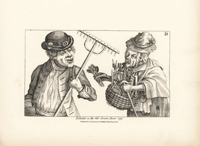 Drunken farmer Jones buying the entire stock of wooden tools from old squinty-eyed Nan. Copperplate engraving after a satirical illustration by Timothy Bobbin (John Collier) from Human Passions Delineated, John Haywood, Manchester by Unbekannter Künstler