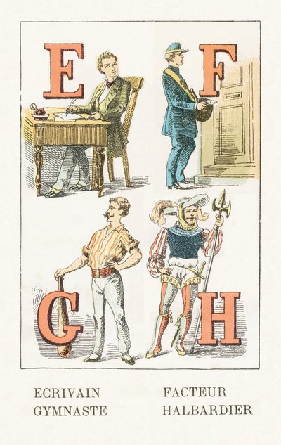 E - Writer; F - Postman; G - Gymnast; H - Halberdier - Childish Alphabet, Editions Gordinne 1920 by Unbekannt