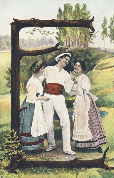 E: A Man Dressed in White and Red Standing Between Two Women Wearing Skirts, Bodices, and Aprons. Countryside Setting - Alphabet Characters Ref Th. E., L. Theochrom - Series 994. Theodor Eisman, publisher, Leipzig by Unbekannt