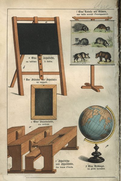 Education: the painting, the wall table, the benches, the slate, the globe of the school. Plate from a dictionary for children Franco-German by Unbekannt