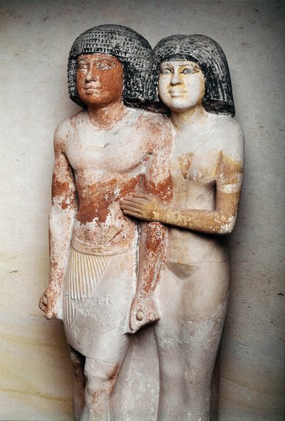 Egyptian Antiquity: Sculpted Limestone Group of Raherka and Meresankh, Chief of the Scribes and His Wife - 5th Dynasty, Ancient Empire by Unbekannt