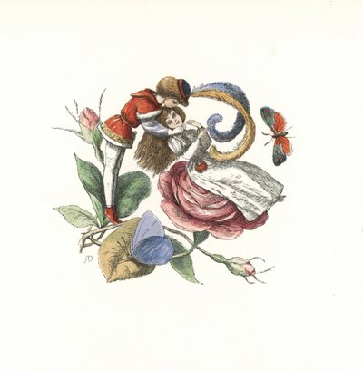 Elf flirting with a fairy on a rose bloom by Unbekannter Künstler