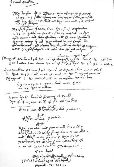 Entries by Izaak Walton on his copy of the Book of Common Prayer, after 1662 by Unbekannt
