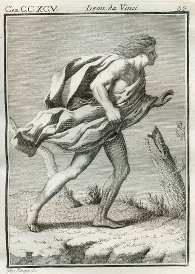 Study of a man walking against the wind, with clothes and hair disheveled by gusts and body leaning forward. Engraving from 