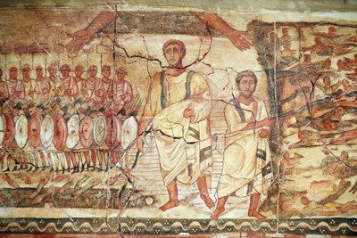 Exodus and crossing of the Red Sea, fresco from the Synagogue of Dura Europos, 244-245, preserved at the National Museum of Damascus, photo taken at the Jewish Museum of New York during an exhibition by Unbekannt