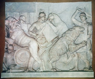 Fight between beasts and gladiators, Bas-relief, Villa Torlonia, Rome by Unbekannter Künstler