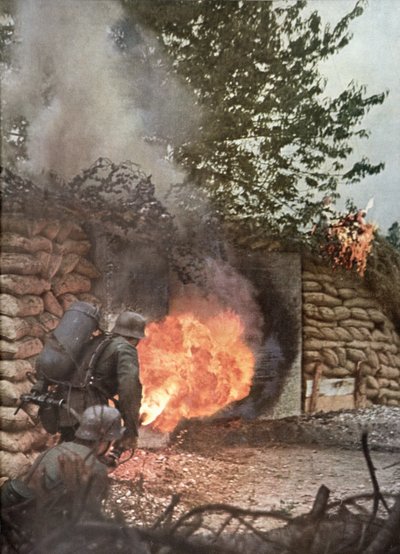 Fire and Death, A Fortified Soviet Camp Explodes into Flames with Flamethrowers by Unbekannter Künstler