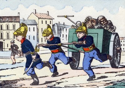 Firefighters. Engraving in "Alphabet militaire enfantin". Imagery of Pont-a-Mousson, circa 1890 by Unbekannt