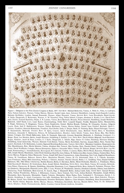 First Zionist Congress in Basle 1897. Theodore Herzl appears at the centre of the montage of delegates and leaders by Unbekannter Künstler