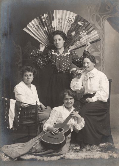 Four Ladies with Horn, Guitar and Fan, France by Unbekannter Künstler