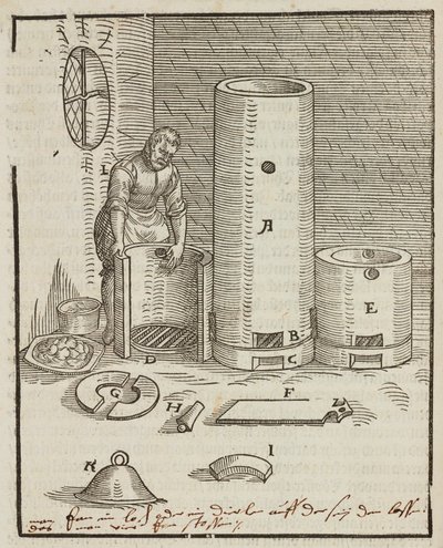 Preparation furnace for gold and silver ore separation liquid - Engraving from Description of ores and main mining methods, by Lazarus Ecker by Unbekannt