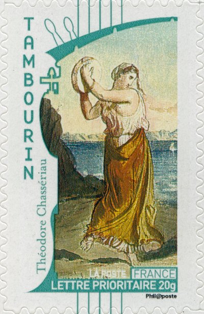 French postage stamp showing a gypsy woman playing the tambourine by Unbekannt