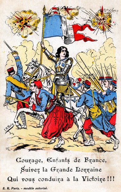 French postcard showing Joan of Arc leading French soldiers to war by Unbekannt