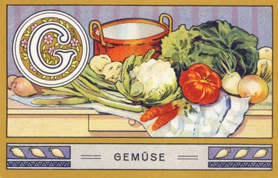 G: Vegetables - Alphabet Palmin. Series of chromolithographs published by H. Schlinck & Co, Hamburg. Advertisement for Palmin finest coconut fat. Dimensions: 7 x 11 cm by William M. Timlin
